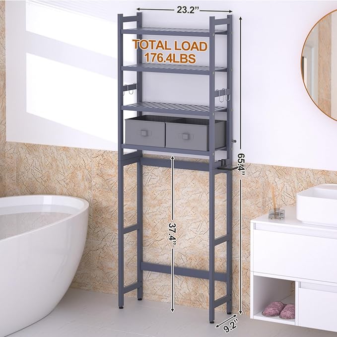Cozivolife Over The Toilet Storage with 2 Baskets, 4-Tier Bamboo Organizer Rack with Paper Holder & 4 Hooks & Waterproof Feet Pad,Freestanding Shelf for Bathroom(Grey)