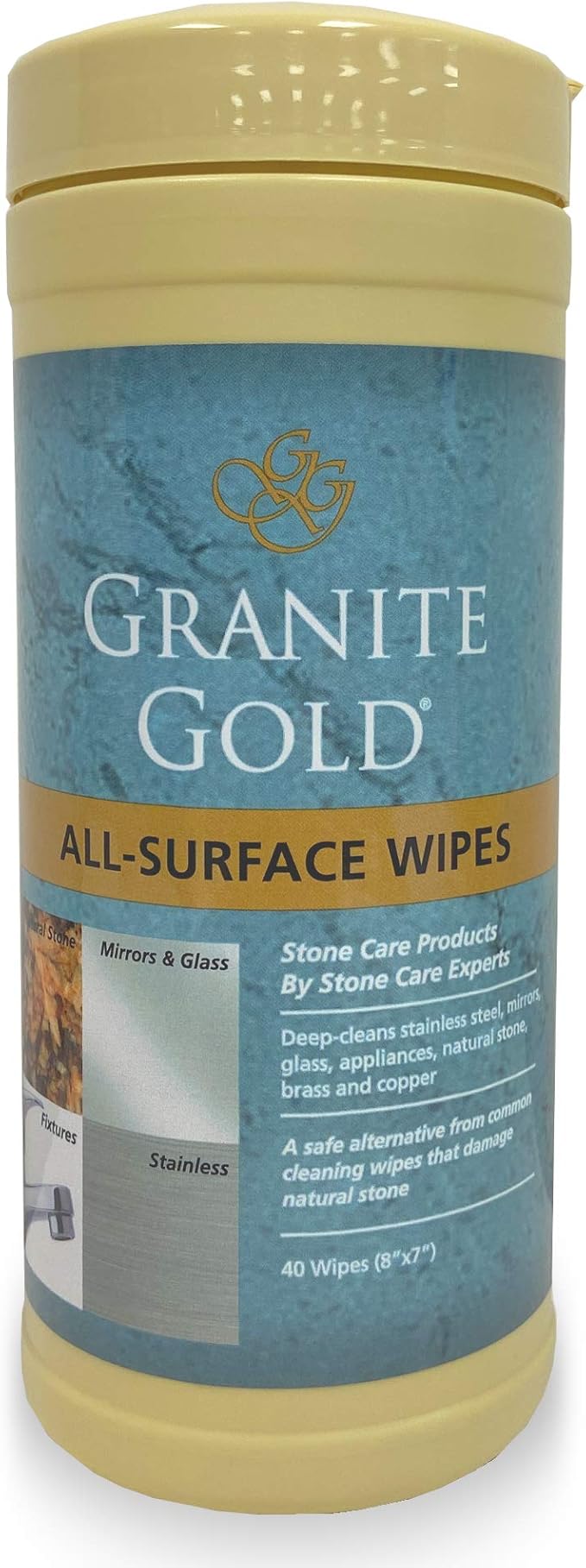 Grantie Gold All-Surface Cleaning Wipes, Deep-Cleans Stainless Steel, Mirrors, Glass, Appliances, Natural Stone, Brass, & Copper, Safe on Food-Prep Surfaces, Streak-Free, 40 Pre-Moistened Wipes