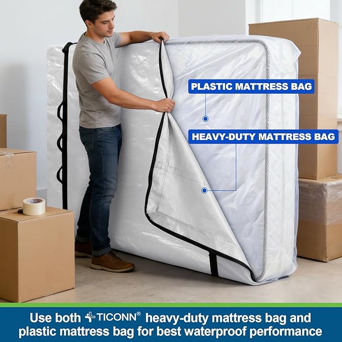 TICONN Mattress Bags for Moving, Heavy Duty Full Mattress Cover Storage Bag with Full-Around Handle and Adjustable Buckles (Clear, Full)