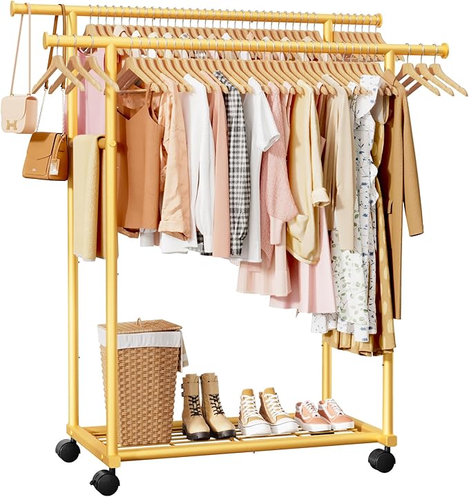 Sakugi Metal Clothes Rack - Double Rod Clothing Rack with Fixed Design and Rolling Wheels, Coat Rack with Built-In Shelf for Closet Organizers and Storage (38.5" x 16.9" x 59.0", Gold)