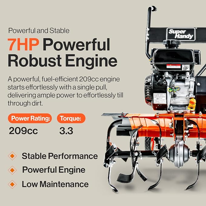 SuperHandy Tiller Cultivator – 7HP 209cc Engine, Adjustable Tilling Width & Depth, Heavy-Duty Steel Tines for Garden Soil Prep, Landscaping & Weed Removal (Front Tine Tiller)