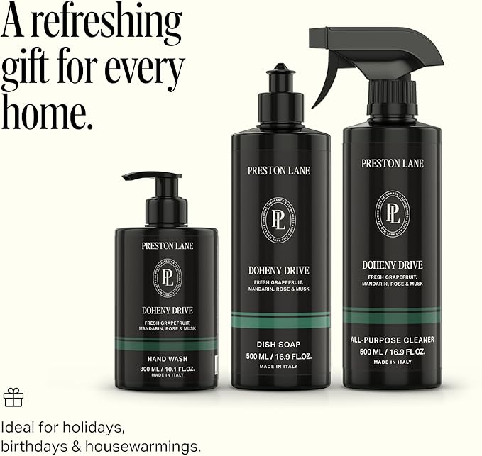 Preston Lane Luxury Kitchen Set – Hand Wash, Dish Soap & All-Purpose Cleaner | Plant-Powered Cleaning Essentials Bundle with Fine Italian Fragrance, Doheny Drive Scent
