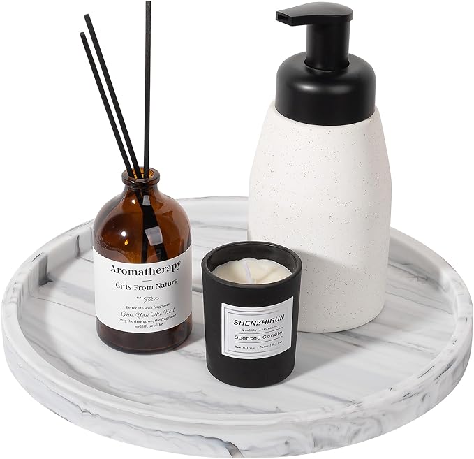 Silicone Bathroom Tray Round Vanity Tray Decorative Soap Holder Kitchen Countertop Organizer Coffee Table Decor for Candle, Perfume, Plant, 10 Inch, Marble Grey
