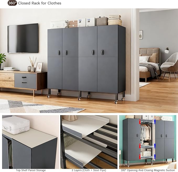 Foldable Portable Armoire Wardrobe Closet for Hanging Clothes Rack, Heavy Duty Covered Clothes Rack with Cover(HARDBOARD Magnetic), Closet Garment Rack for Bedroom Storage (KT-Grey, 70.86in)