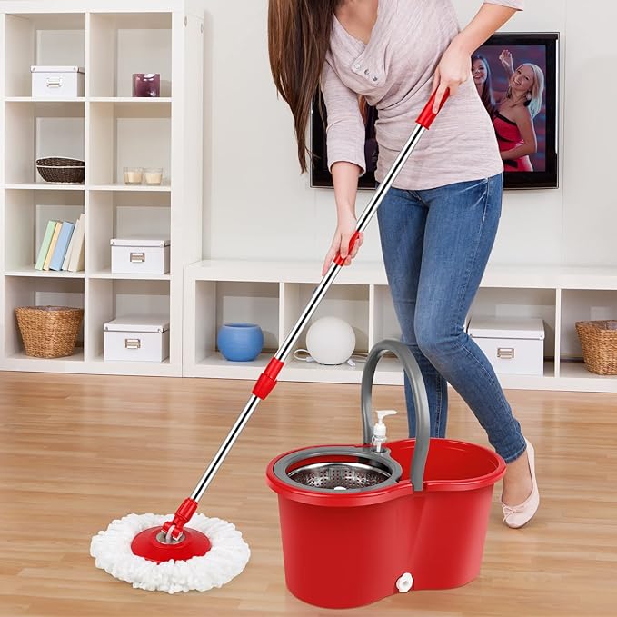 Spin Mop and Bucket with Wringer Set, 360° Spinning Mop Bucket System with 3 Microfiber Mop Replacement Heads, Adjustable Handle for Floor Cleaning (red)