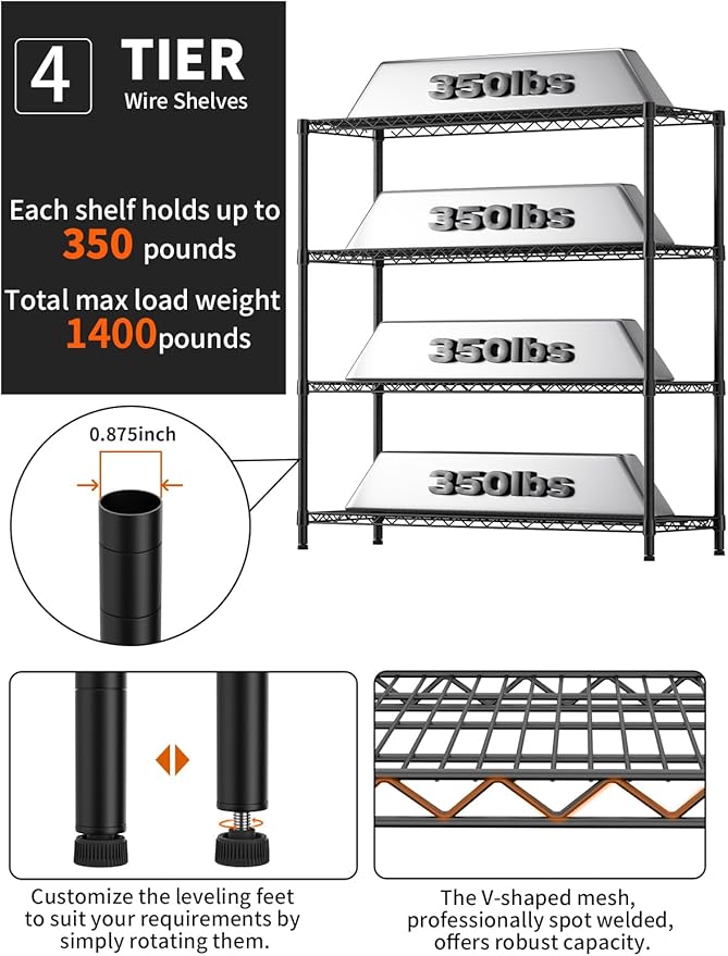 Golpart 4 Tier Adjustable Storage Shelves,Heavy Duty Metal Utility Shelf 1400LBS Capacity Wire Shelving Unit Organizer Rack for Kitchen Office Pantry Room 18" D x 46" W x 59" H Black
