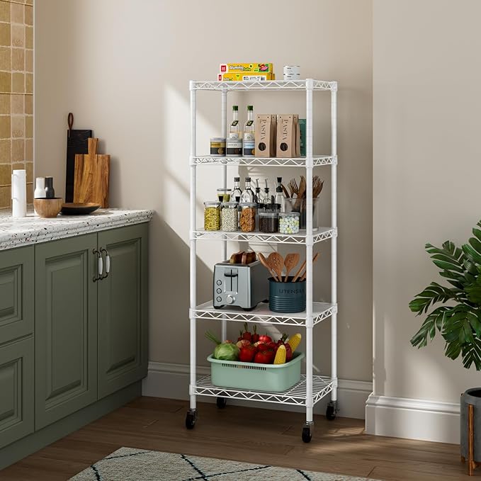 Golpart Small 5 Tier Shelves Storage Wire Shelving Unit Metal Shelf Adjustable Organizers Storage Shelving with Wheels for Bathroom Laundry Room Kitchen Pantry12”D x 18”W x 57.2”H White