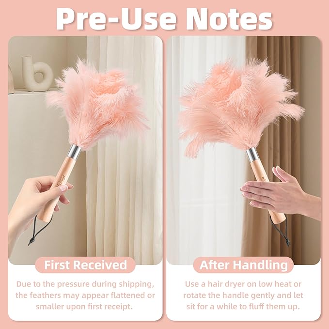 Pink Ostrich Feather Duster with Wooden Handle, 13.5 inch Natural Fluffy Cleaning Tool for Dusting Home, Car, Delicate Surfaces, Reusable Decorative Duster for Ledges, Blinds & Delicate Home Decor