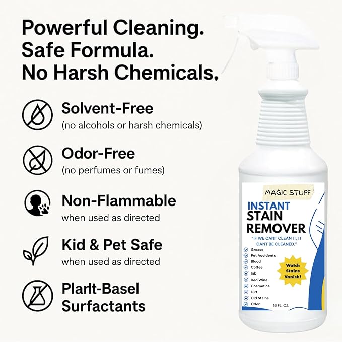 Magic Stuff Instant Stain Remover - Fast-Acting Carpet & Upholstery Cleaner - Removes Food, Wine, Coffee & Pet Stains- Odor-Free, No Rinse, Kid & Pet Safe Formula
