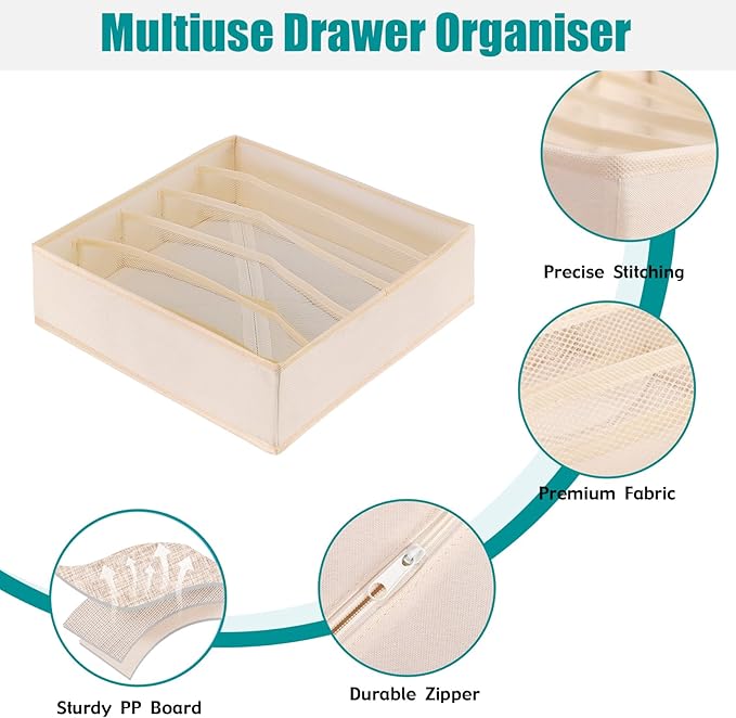 Drawer under Cabinet Clothes Organizer 5 Cell Foldable Storage Cubes Underwear Drawer Organizer Dividers Storage Boxes for Bra, Underwear（Creamy-White）