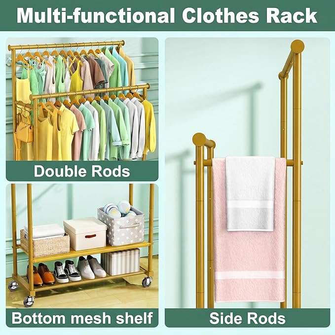 Double Rods Clothes Rack for Hanging Clothes, Heavy Duty Rolling Clothing Rack with Wheels, Freestanding Garment Racks with Oxford Bottom Shelf and Mesh Bottom Shelf for Bedroom Laundry (Gold)