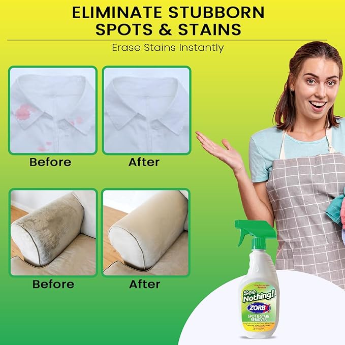 ZORBX See Nothing Spot & Stain Remover Spray (24 oz.) - All Purpose Cleaner for Shoes, Clothes, Furniture & Pet bedding - Fast-Acting Scrub-Free Odor & Enzyme Stain Remover for Ink, Blood & Urine