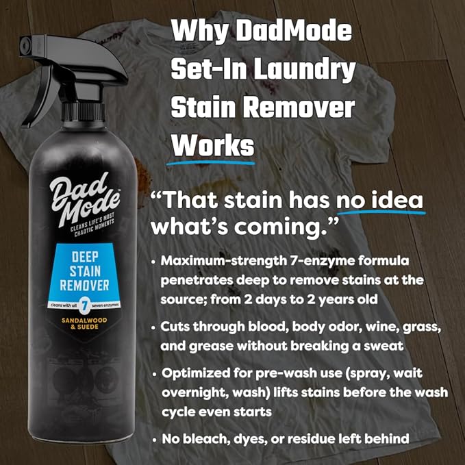 DadMode Laundry Stain Remover | 1000 Stain Treatments | 7-Enzyme Deep Cleaner & Odor Eliminator | 3-Pack Refill | Tough on Human, Food, & Pet Stains | Sandalwood & Suede
