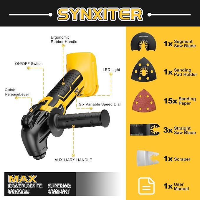 Cordless Oscillating Tool for Dewalt 20V Battery,6 Variable Speed Brushless-Motor Tool,22Pcs Oscillating Multi Tool Kit for Cutting Wood Drywall Nails Remove Grout & Sanding(Tools Only)