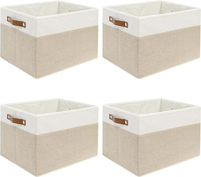 4 Pack Fabric Storage Baskets for Shelves, Closet Storage Bins for Shelves, Fabric Baskets for Organizing with Handles for Home and Office (White with Beige,15"L*10.2"W*9"H)