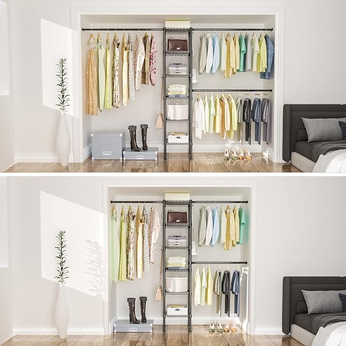 Ulif M1 Closet Storage Organizer System, 6 Tiers Heavy Duty Metal Garment Rack with 3 Expandable Hanger Rods, Wall Mounted Space Saver Suits from 5.4-8.7 ft. Width, 71.2”H x 14”D, 700LBS, Black