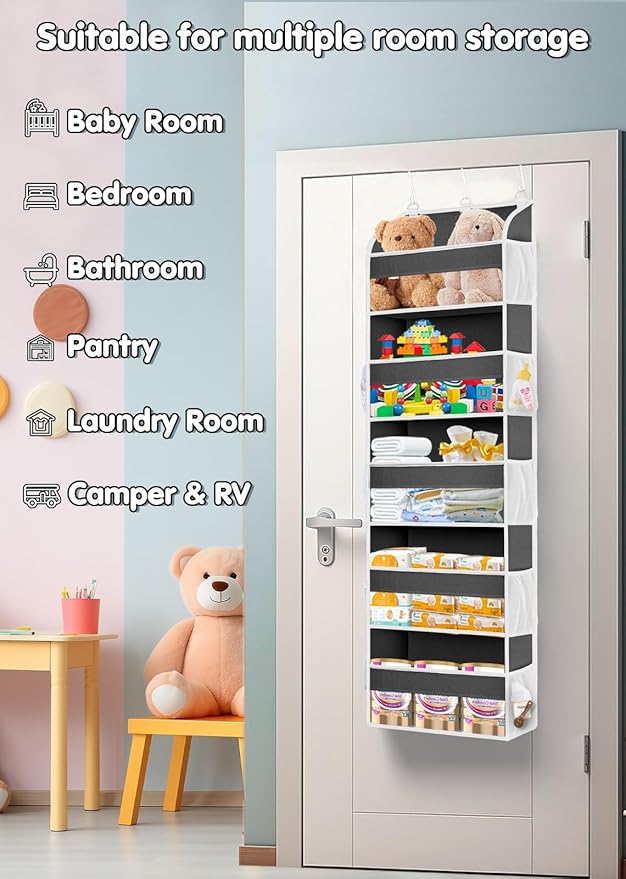 TAHAVICE 1 Pack Over The Door Organizer Storage, Hanging Organizer Closet with 5 Large Pockets 10 Mesh Pockets, 44 lbs Weight Capacity, Behind Door Storage for Nursery Bedroom Bathroom (Dark Grey)