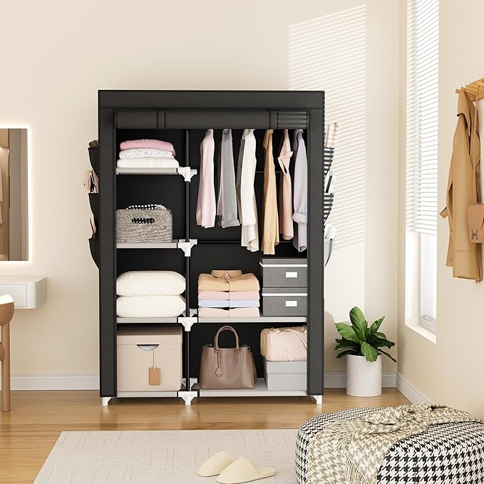 VTRIN Wardrobe Closet, 41.7 Inch Wide Portable Closets for Hanging Clothes with 1 Hanging Rod, 6 Shelves, 6 Pockets, Clothes Rack with Cover Portable Wardrobe Closet for Bedroom, Dorm, Black