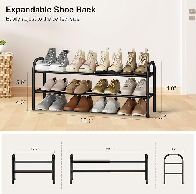STO STO Expandable Shoe Rack, 2-Tier Metal Small Shoe Rack for Closet, Up to 12 Pairs Adjustable Shoe Rack Storage for Front Door Entrance, Free Standing Shoe Rack Organizer for Entryway, Black
