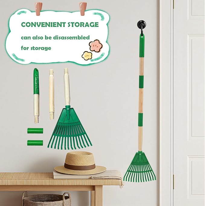 Kids Leaf Rake - 3-Section Adjustable Handle, Lightweight, Wood & Plastic, Small Garden Tool for Children (Green)