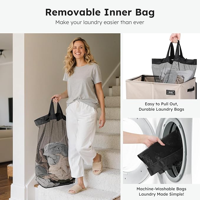 SOLEDI Double Laundry Hamper with Lid, 47.8 Gal (180L) Large Laundr Basket 2 Section with 2 Side Pockets, Dirty Clothes Hamper with Removable Bag, Easy to Carry for Laundry Room, Bedroom, Light taupe