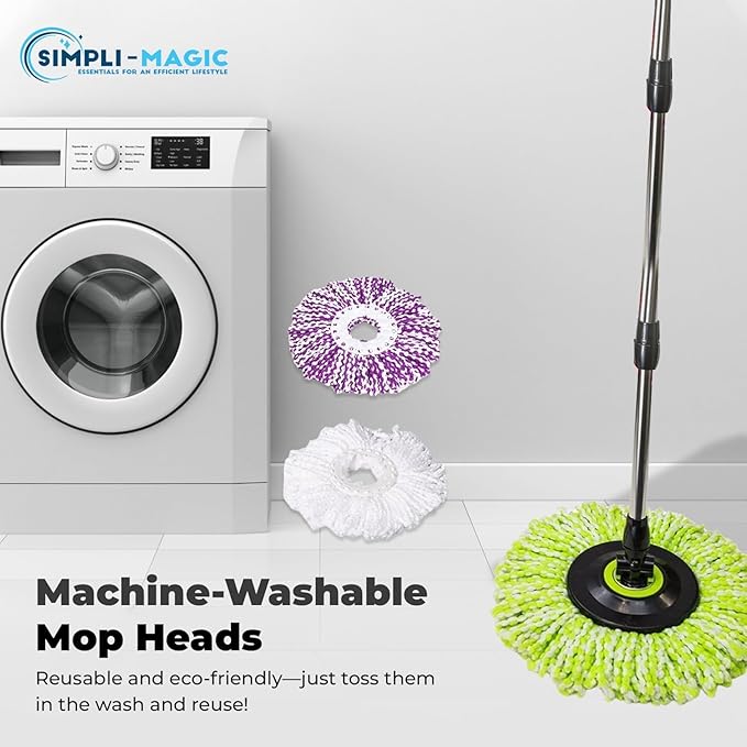 Simpli-Magic 360° Spin Mop and Bucket with Wringer – 3 High-Absorbent Microfiber Washable Heads, Soap Dispenser – Spinning Mop and Bucket Set for All Types Floor Cleaning