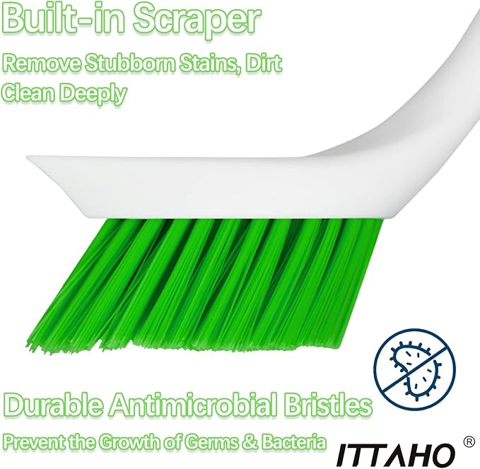 ITTAHO Dish Scrubber Set, Kitchen Brush for Cleaning with Scraper Edge, Green Multi-Purpose Scrub Brush with Handle for Dishes,Sink,Pots,Pans,Shower,Tile,Tubs - 3 Pack