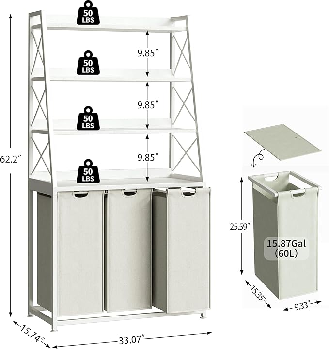 Herture Laundry Basket, 3 Section Laundry Hamper with 4 Tiers Shelf, Pull-Out and Removable Laundry Bags, Large 3 x 15.87 Gallons, for Laundry Room Bathroom White PF05XLW