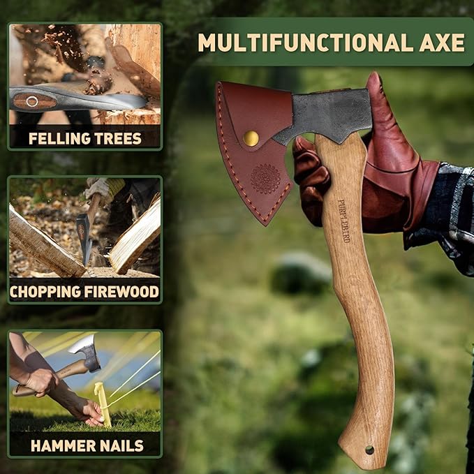 PURPLEBIRD Hatchet Axe with Sheath for Camping, 15 Inch Bushcraft Axe Carbon Steel Chopping Axes Wood Handle Splitting Axes, Hand-Forged Camping Hatchet for Carving Bushcraft Outdoor Forest Garden