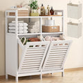 Homykic Tilt Out Laundry Hamper Cabinet, Bamboo Double Laundry Hamper with 2 Removable Laundry Baskets, 20 Gal Laundry Sorter Organizer with Shelf for Dirty Clothes, Bathroom, Laundry Room, White