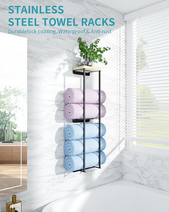 Towel Racks for Bathroom, 2 Tier Wall Towel Holder with Wood Shelf, Metal Wall Mounted Towel Rack Bathroom Organizers and Storage, Black