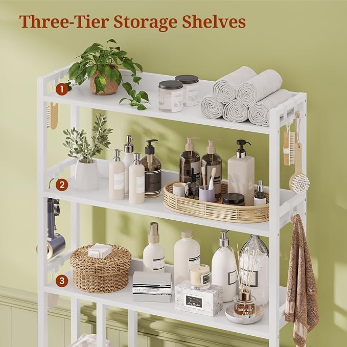 UPOSOJA Over The Toilet Storage Cabinet with Pulley, Bathroom Organizer W/6 Hooks for Restroom, Laundry, Plant Stand (White)