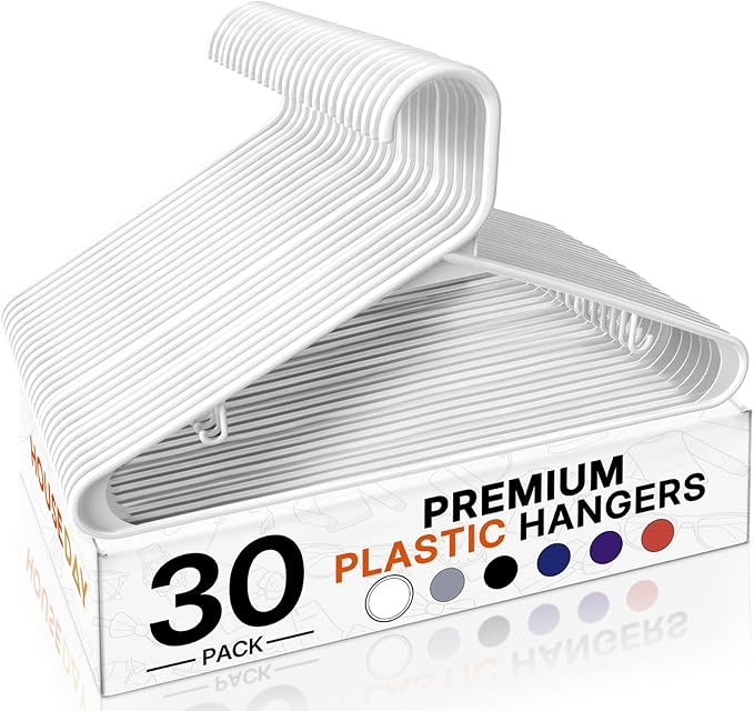 HOUSE DAY White Plastic Hangers 30 Pack, Plastic Clothes Hangers with Built-in Strap Hooks, Space Saving Slim Hanger for Closet Organizers and Storage, Durable Clothing Hanger for Shirts Blouses Tops