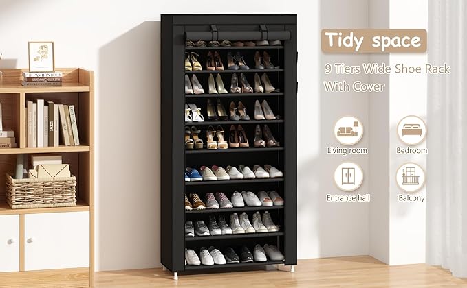 Calmootey 9 Tier Shoe Rack Organizer,Portable Shoe Shelf with Nonwoven Fabric Cover for Closet Hallway,Bedroom,Entryway,31.50x11.81x62.99inches,Black