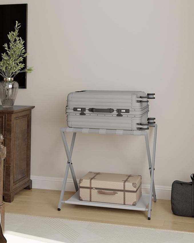 Hzuaneri Luggage Rack, Folding Suitcase Stand for Guest, Foldable, Luggage Holders with Shelf, Steel Frame with Nylon Straps for Bedroom, Hotel, Holds up to 154 lb, Grey,1 Pack LR03899G