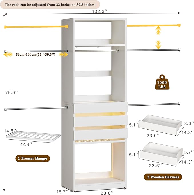 Closet System, 4-8FT Closet Organizer with 3 Wood Drawers & Glass Top, 102'' Walk in Closet with 5 Hang Rods & LED Lights & Trouser Rack, Built-in Wardrobe Clothes Rack with Shelves and Tower, White