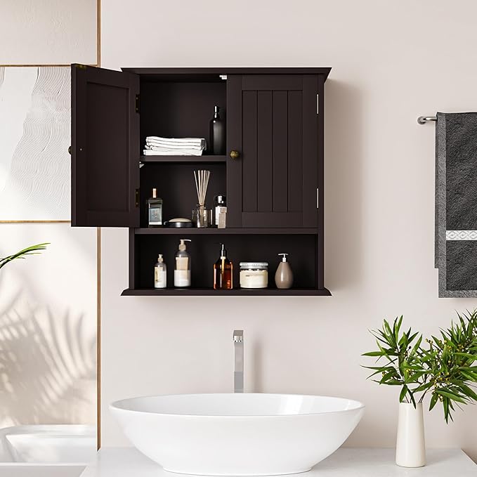Smuxee Brown Bathroom Cabinet Wall Mounted, Small Medicine Cabinet with 2 Door Adjustable Shelves, Wall Cabinet Over Toilet for Laundry Room Kitchen