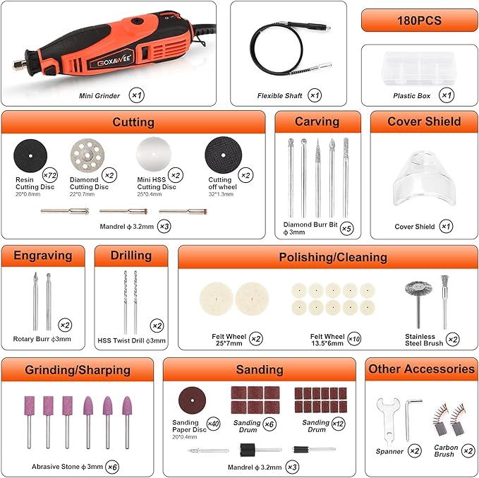 GOXAWEE Rotary Tool Kit with 180 Rotary Tool Accessories & Flex Shaft & Universal Collet, 5 Variable Speed Rotary Multi-Tool, Mini Electric Drill Set for Crafting DIY Project(Orange)