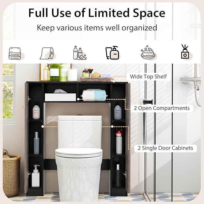 Giantex Short Over The Toilet Storage Cabinet, Bathroom Organizer w/2 Open Compartments & 4 Adjustable Shelves, Freestanding Space Saver Above Toilet Storage for Restroom, Laundry Room (Black+Oak)