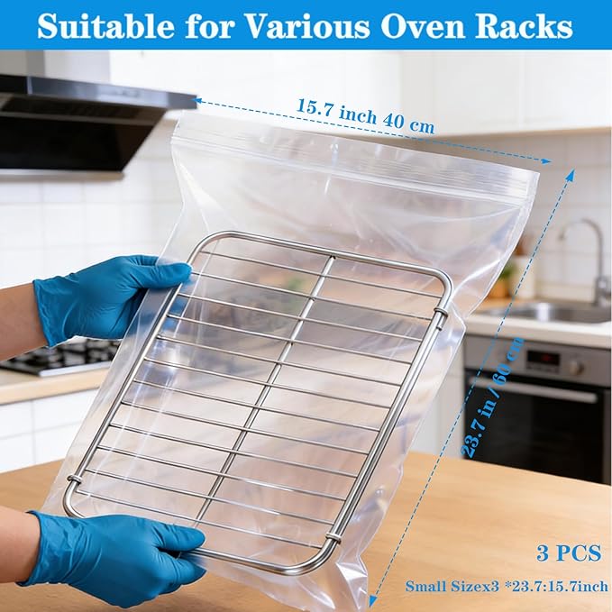 Oven Rack Cleaning Bags, Heavy Duty No Scrub Oven Rack Cleaning Bags, Reusable Leak-Resistant PE Bags for Deep Soaking Grill Grates, BBQ Racks, No Cleaner Included, 3 Pack (15.7''*23.7'')