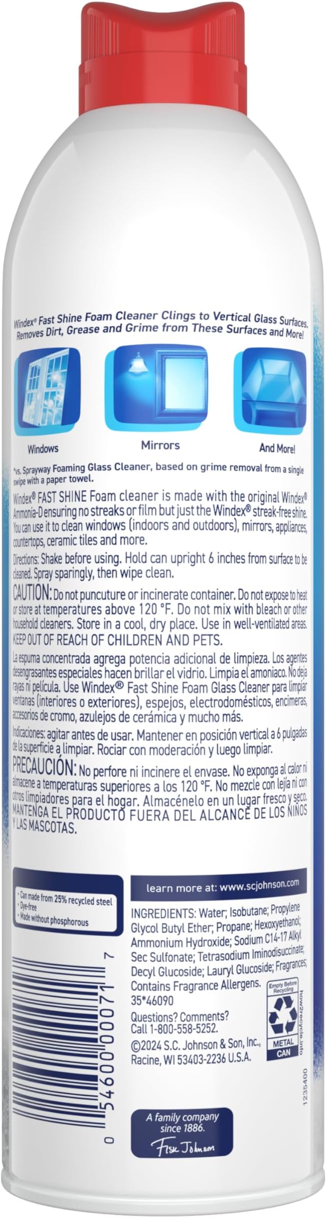 Windex Fast Shine Foam Glass Cleaner, No-Drip Windows, Doors, Mirrors & Countertops Aerosol Cleaning Spray, Streak-Free Shine, Removes Fingerprints, Dust, Dirt, Grime & More 19 oz (Pack of 6)