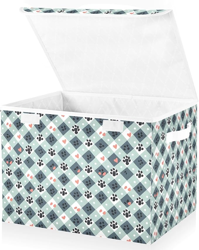 senya Large Storage Bins with Linen Collapsible Foldable Storage Cubes Fabric Closet Organizer Containers box with Flip-Top Lid for Home Bedroom Office 16.7 x 12.6 x 11.8in (Much Dog Paw Print)