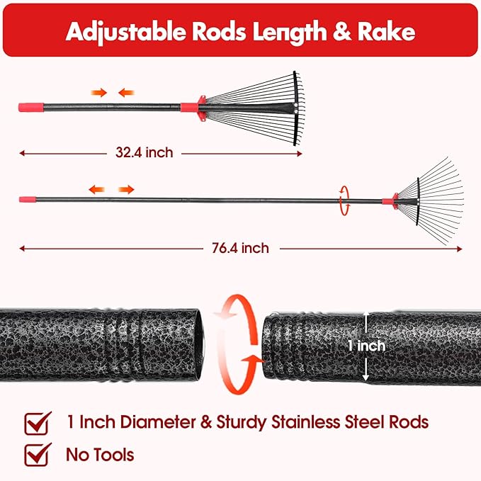 BsBsBest 75 Inch Rake for Leaves with 18 Metal Tines 10-18" Expandable Head Rakes Adjustable Handle for Lawn Leaf Rake Yard Tools for Collecting Leaves, Grass Clippings, Garbage