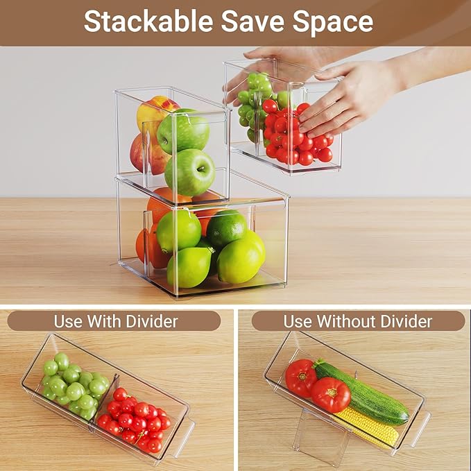 Clear Plastic Storage Bins with Dividers for Kitchen Pantry Organization, 3 Pack Thicken Stackable Storage Drawer Boxes for Refrigerator Cabinets Vanity Organizers and Storage, C6-1