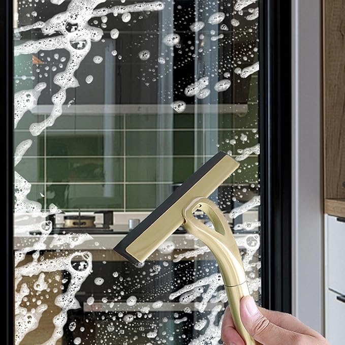 8.9x8.7inch Gold Stainless Steel Shower Squeegee Window Squeegee with Hanging Hook - Glass Wiper Squeegeer Cleaning Tool for Clean Ceramic Tile,Shower Door, Mirror,Window,Car Glass,Table Top