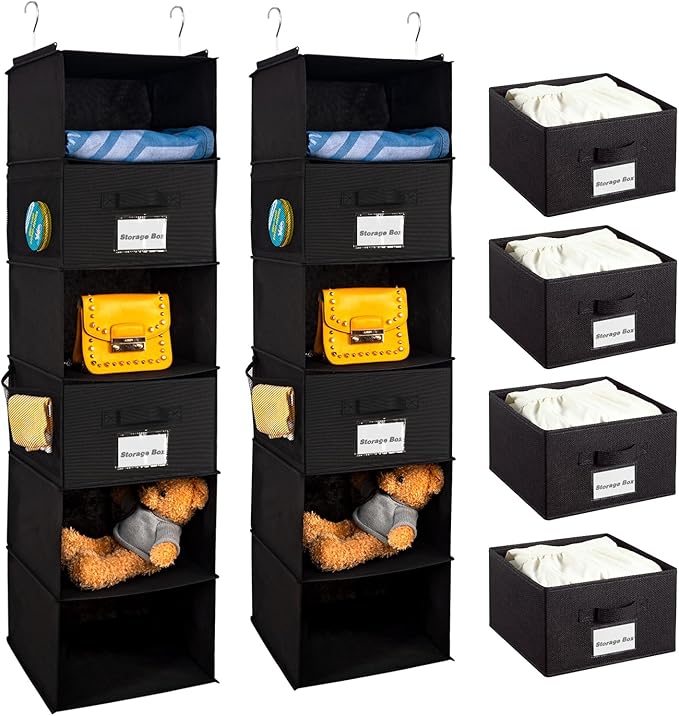 BrilliantJo 2 Pack 6 Shelves Hanging Closet Organizer with 2 Drawer, Hanging Storage with 4 Side Pockets for Clothes Shoes, 43.5"x12"x12"(Black)