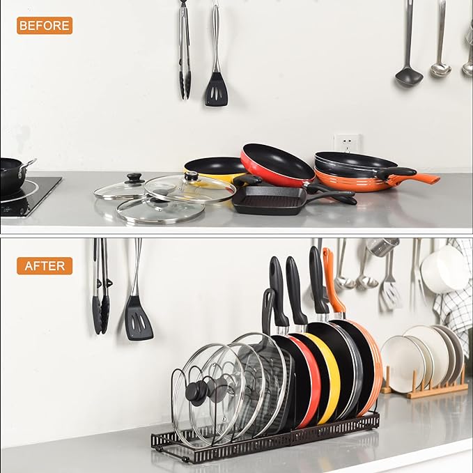 Toplife Pots and Pans Organizer Rack for Cabinet and Countertop, 10+ Pot Lids, Bakeware and Cookware Organizer Rack Holder with 10 Adjustable Compartments - Brown