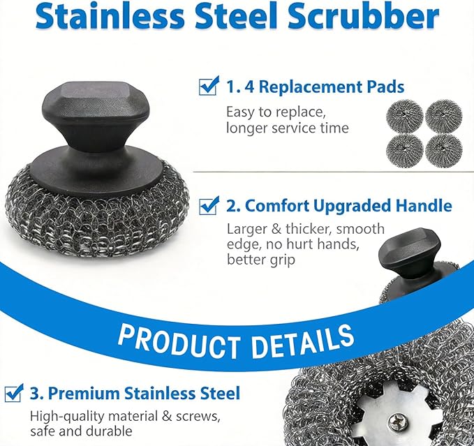 5-Pack Steel Wool Scrubber, Stainless Steel Scrubber Wire Sponge Pads with Handle, Pan Cleaning Scrubber for Scouring Stubborn Messes from Cast Iron, Frying Pan, Oven, Grill, Heavy Duty Pot Scrub