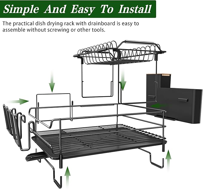 Runnatal 2-Tier Dish Drying Rack with Drainboard Set, Stainless Steel Detachable 2-in-1 Large-Capacity 2-Tier Over The Sink Anti-Rust Dish Rack and Dish Drainer for All Kitchen