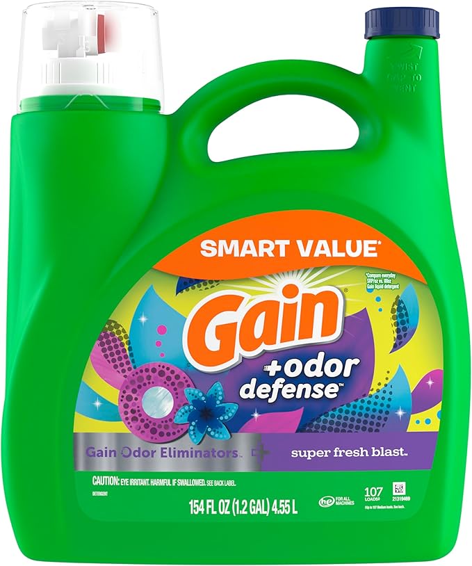 Gain + Odor Defense Liquid Laundry Detergent, Super Fresh Blast Scent, 107 Loads, HE Compatible Washing Soap (Packaging May Vary)